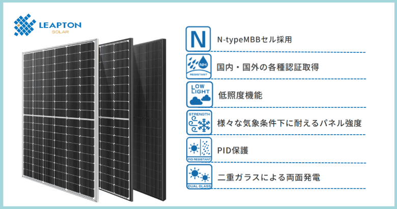 リープトンエナジーの太陽電池モジュールの特徴をまとめた画像